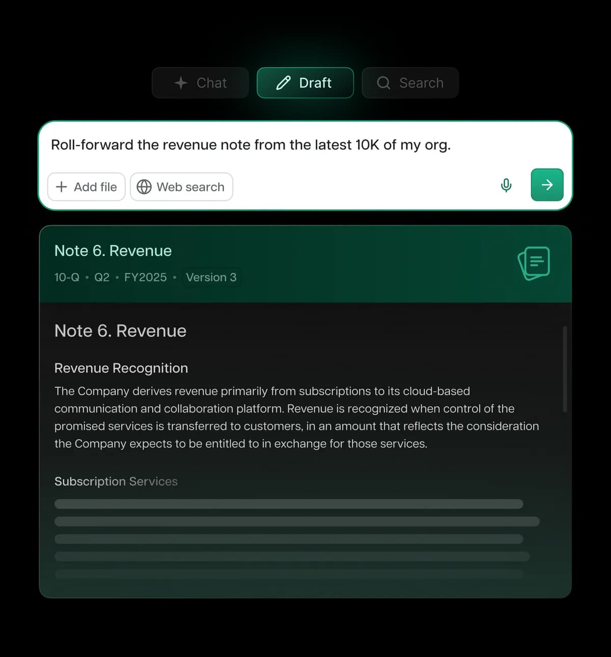 A revenue disclosure draft rolled forward from the prior filing