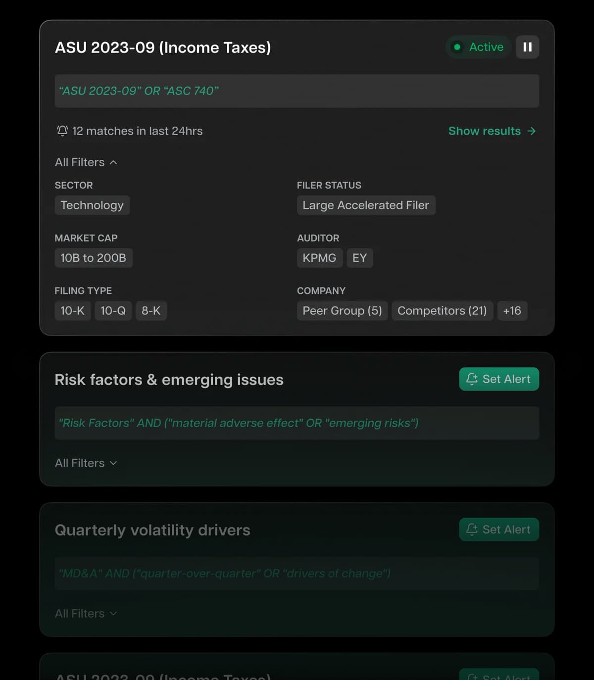 Saved EDGAR searches with filters and active monitoring alerts